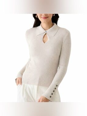 Jason Wu Ribbed Keyhole Neck Long Sleeve Top Size Large